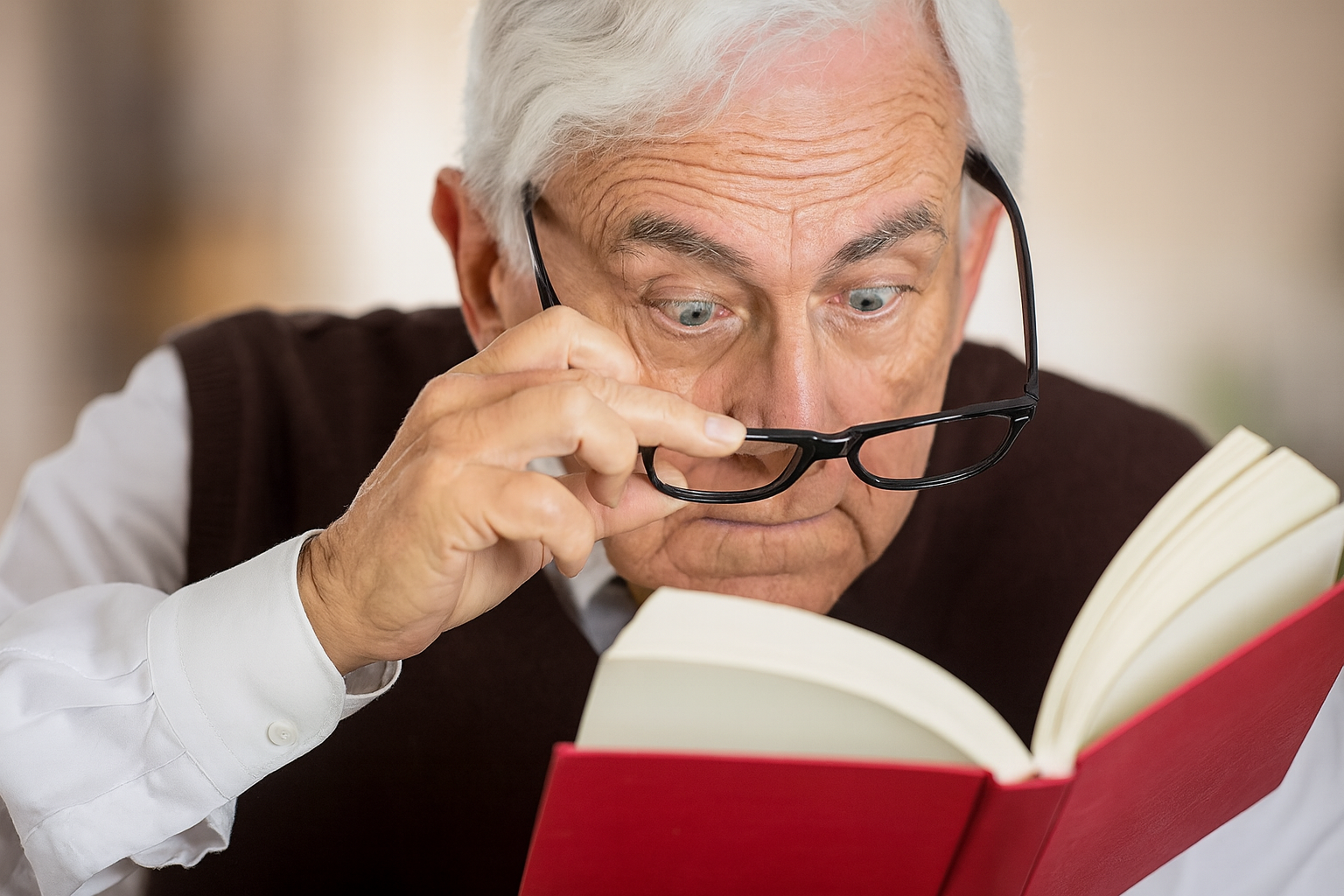 Older man lowering his glasses while struggling to read a book.