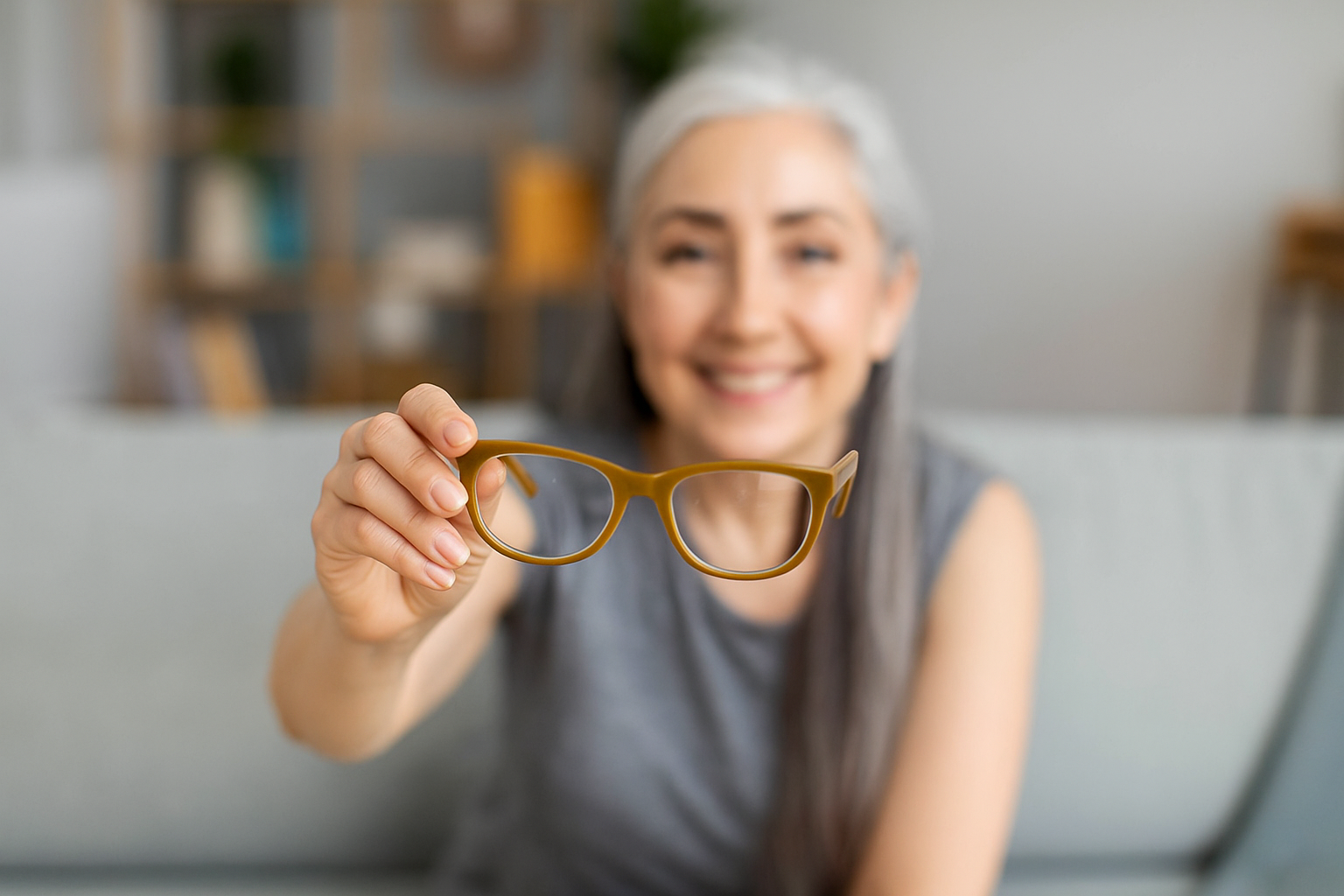 Smiling older woman holding a pair of glasses in front of her.