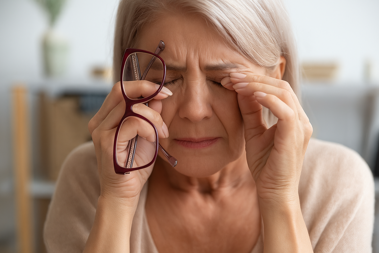 Older woman rubbing her tired eyes while holding her glasses.