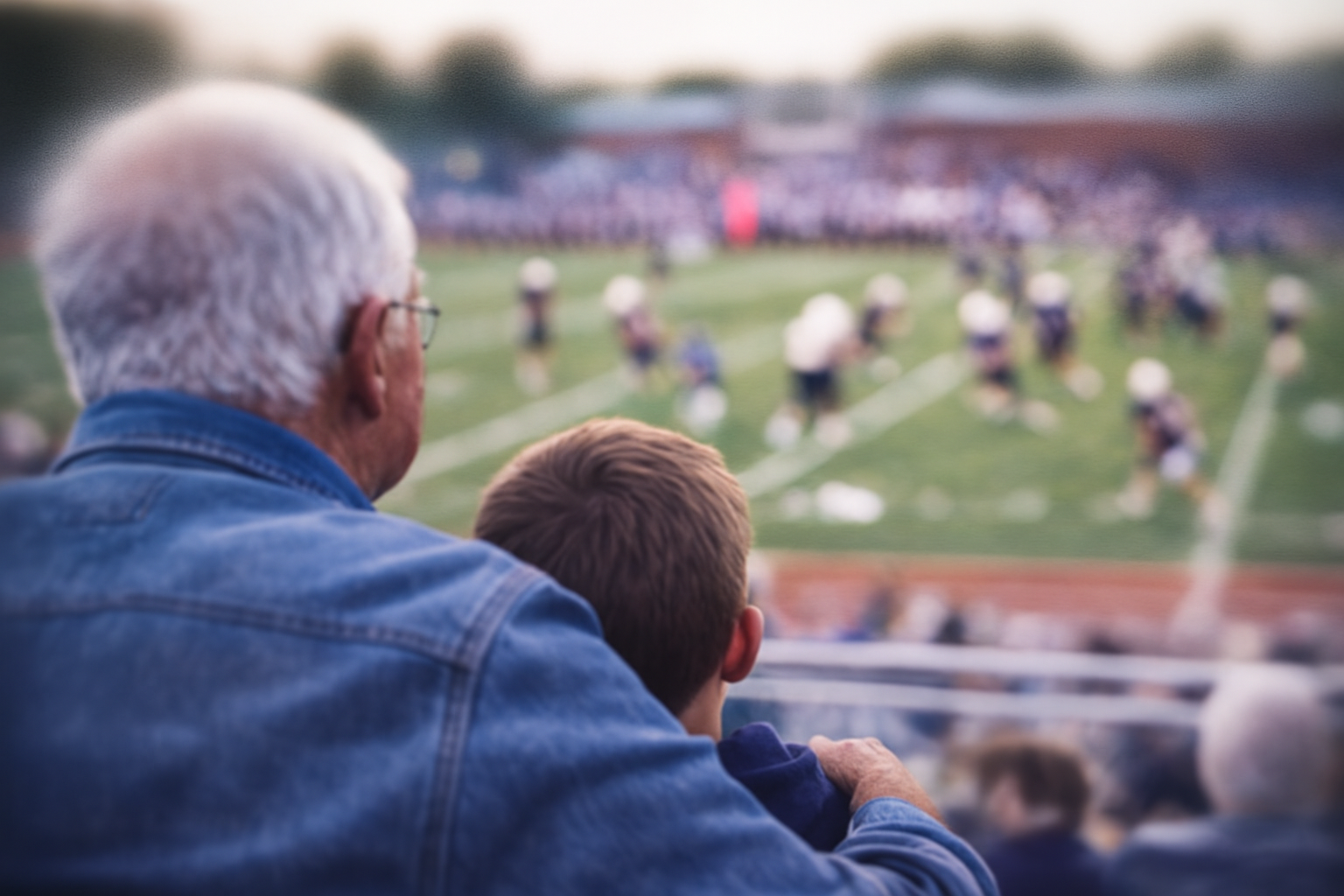 Grandfather with blurred vision watching his grandson play football on the field.